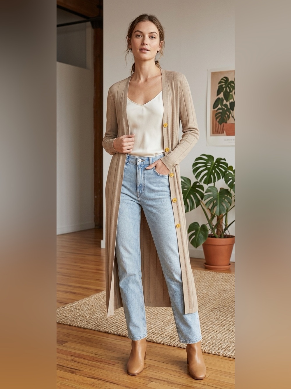 Long Knit Cardigan in Beige - Theory